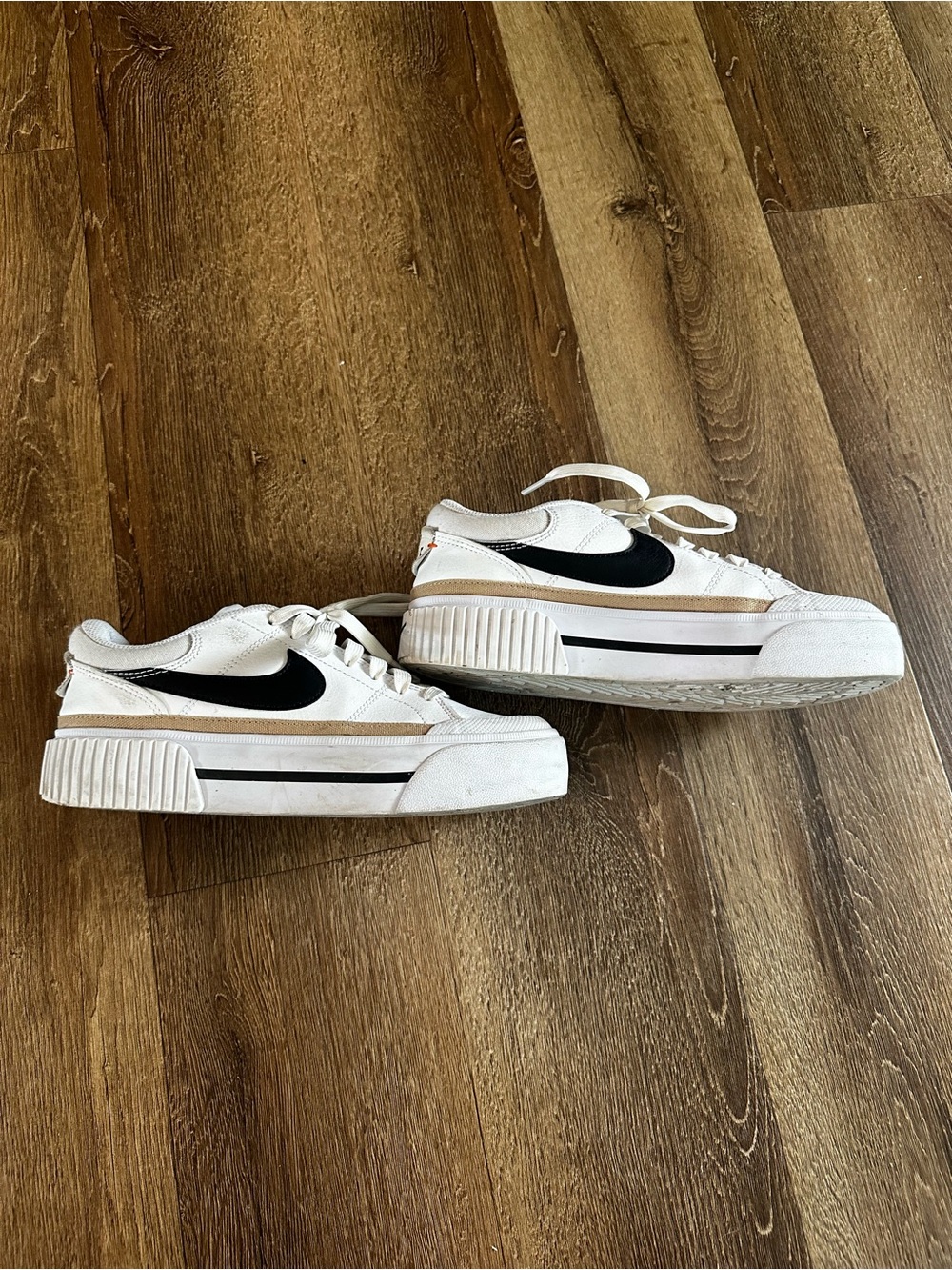 Nike Court Legacy Lift White Sneakers with Black Swoosh and Tan Stripe - Picture 2 of 8